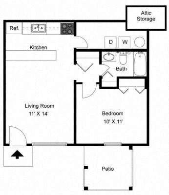 Floor plan for 1 bed, 1 bath, 576 sqft